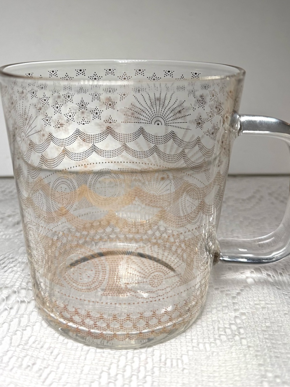 Starbucks 2017 Anniversary Collection Clear Glass Mug with Gold Lace Dot Pattern